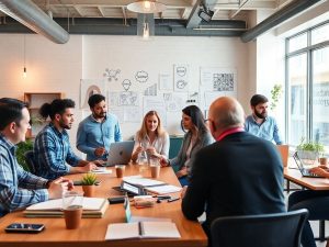 BusinessIMM 7 Imagini cu antreprenori colaborând în birou modern.